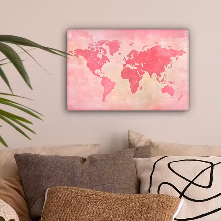 Wereldkaart - Roze - Vaag canvas 2cm klein -sfeer1