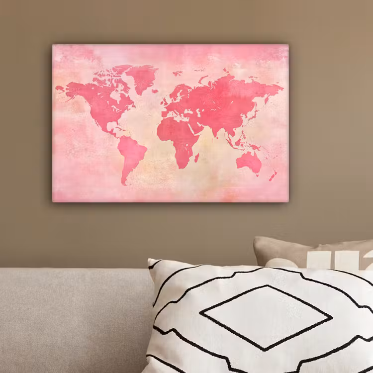 Wereldkaart - Roze - Vaag canvas 2cm klein -sfeer3