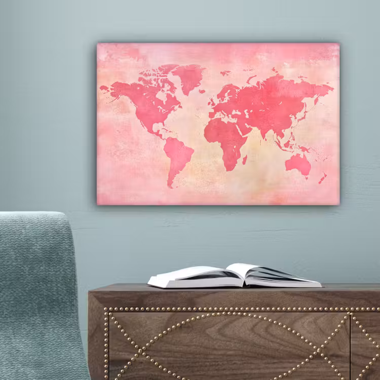 Wereldkaart - Roze - Vaag canvas 2cm klein -sfeer4