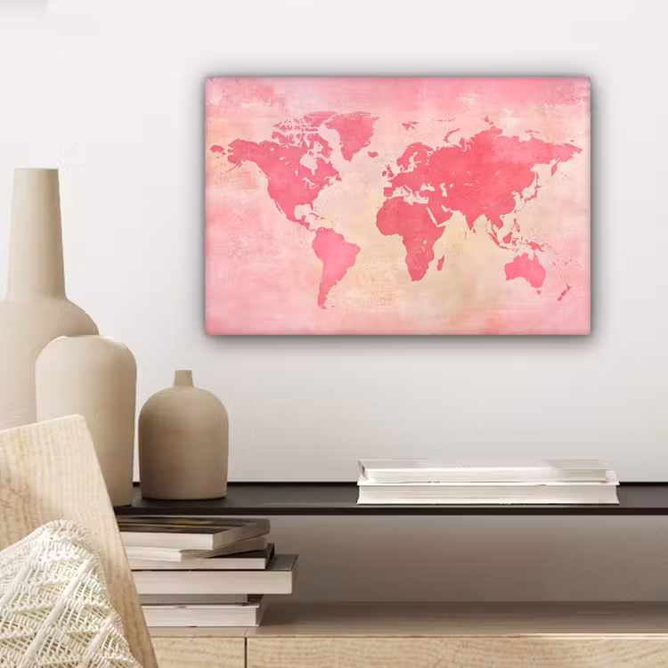 Wereldkaart - Roze - Vaag canvas 2cm klein -sfeer6