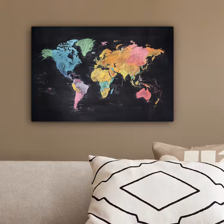 Wereldkaart - Krijtstrepen - Regenboog canvas 2cm klein -sfeer3