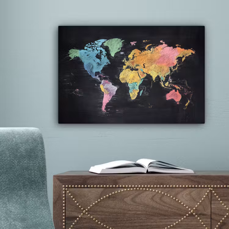 Wereldkaart - Krijtstrepen - Regenboog canvas 2cm klein -sfeer4