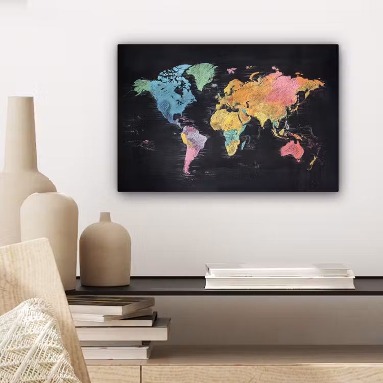Wereldkaart - Krijtstrepen - Regenboog canvas 2cm klein -sfeer6