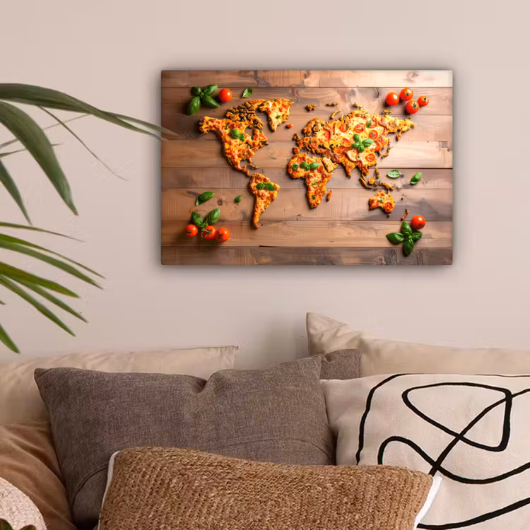 Wereldkaart - Pizza - Houten ondergrond canvas 2cm klein -sfeer1