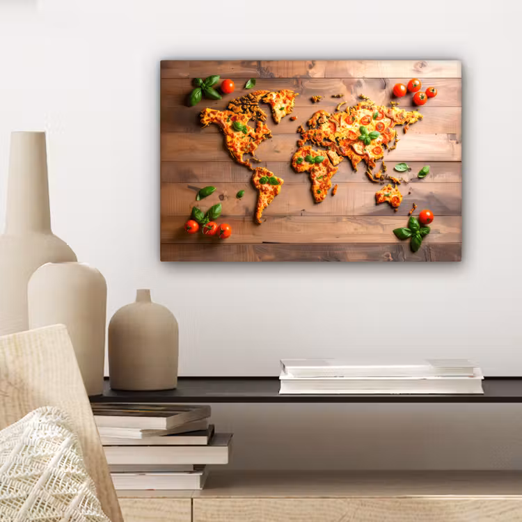Wereldkaart - Pizza - Houten ondergrond canvas 2cm klein -sfeer6