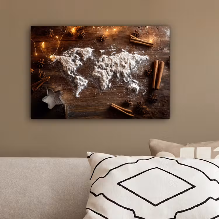 Wereldkaart - Poedersuiker - Hout canvas 2cm klein -sfeer3
