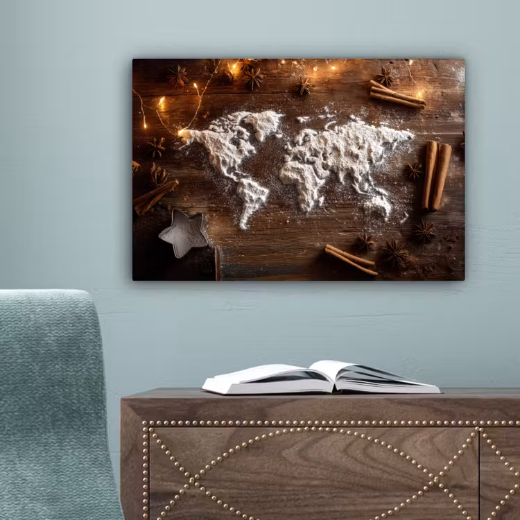 Wereldkaart - Poedersuiker - Hout canvas 2cm klein -sfeer4