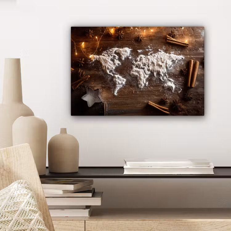 Wereldkaart - Poedersuiker - Hout canvas 2cm klein -sfeer6