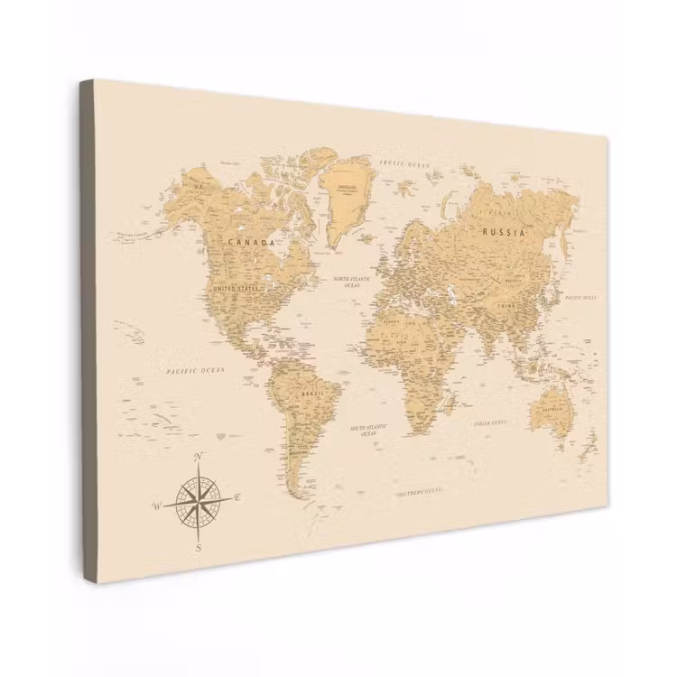 Wereldkaart - Realistisch - Beige canvas 2cm klein -z3d