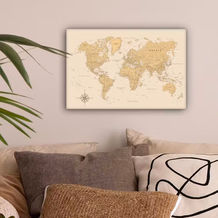 Wereldkaart - Realistisch - Beige canvas 2cm klein -sfeer1