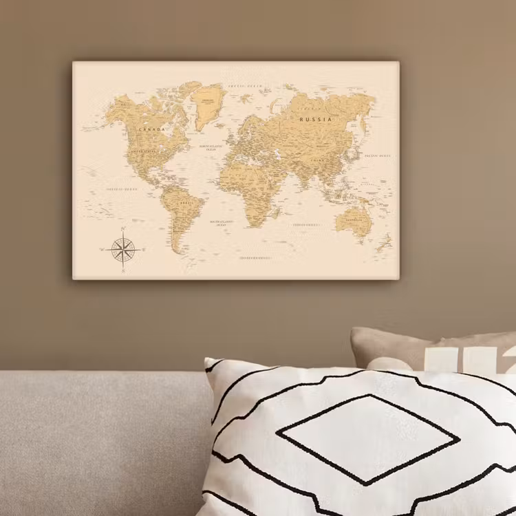 Wereldkaart - Realistisch - Beige canvas 2cm klein -sfeer3