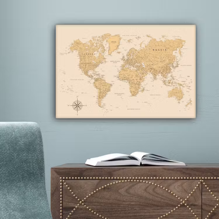 Wereldkaart - Realistisch - Beige canvas 2cm klein -sfeer4