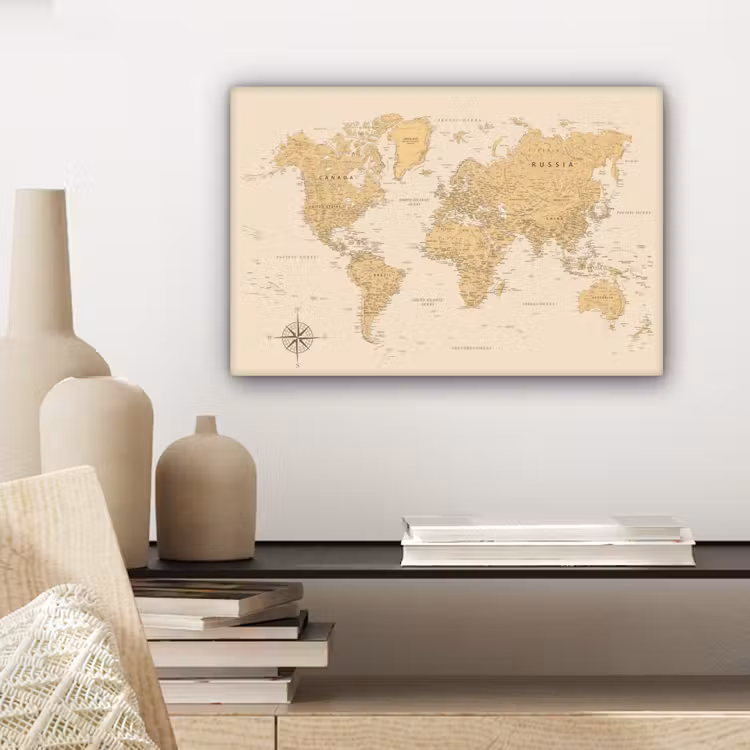 Wereldkaart - Realistisch - Beige canvas 2cm klein -sfeer6