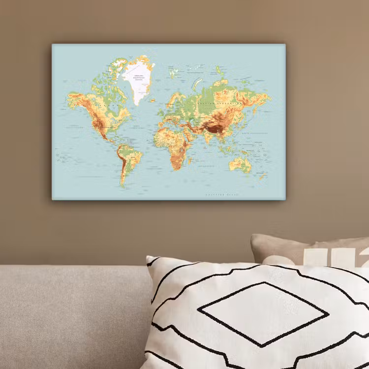 Wereldkaart - Realistisch - Blauw canvas 2cm klein -sfeer3