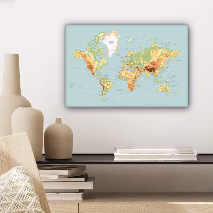 Wereldkaart - Realistisch - Blauw canvas 2cm klein -sfeer6