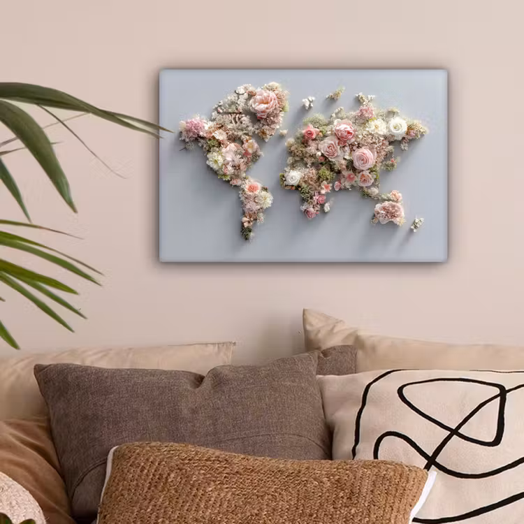 Wereldkaart - Rozen - Roze canvas 2cm klein -sfeer1