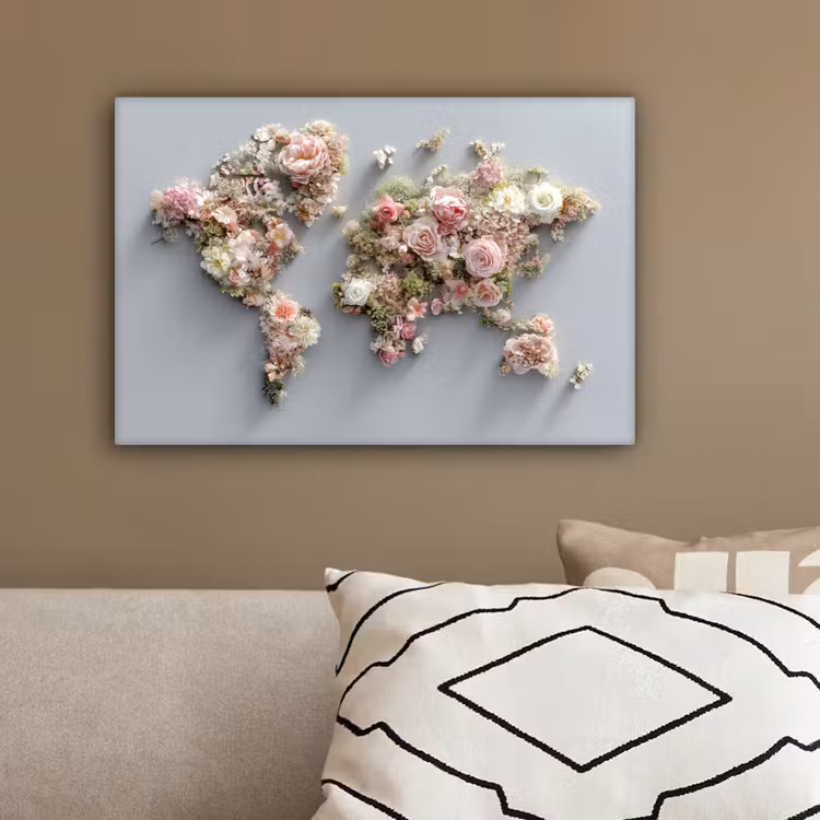 Wereldkaart - Rozen - Roze canvas 2cm klein -sfeer3