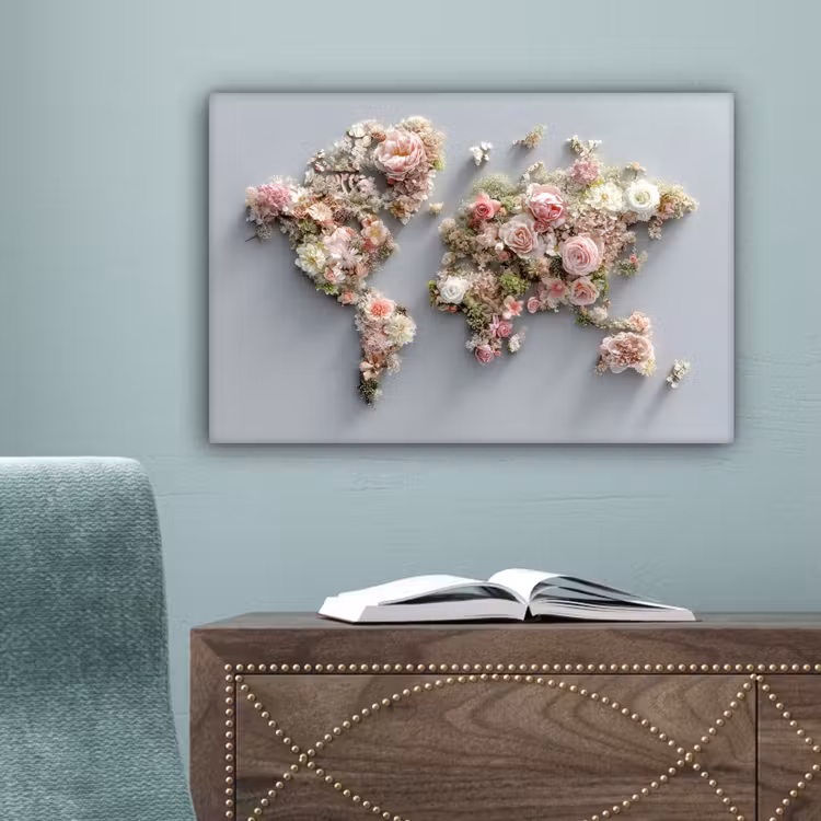 Wereldkaart - Rozen - Roze canvas 2cm klein -sfeer4