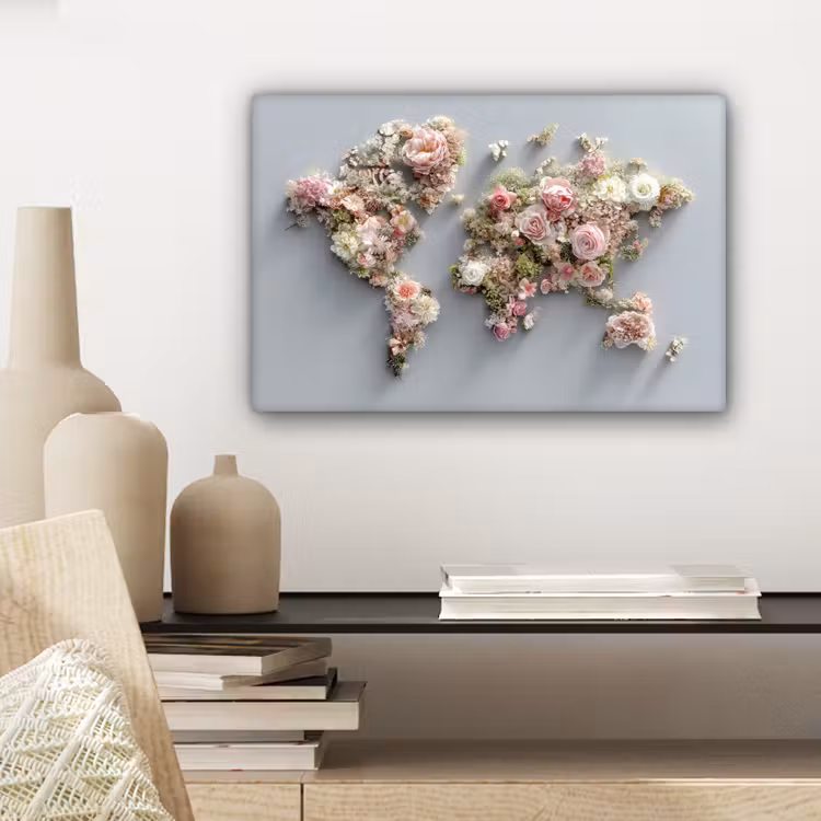 Wereldkaart - Rozen - Roze canvas 2cm klein -sfeer6