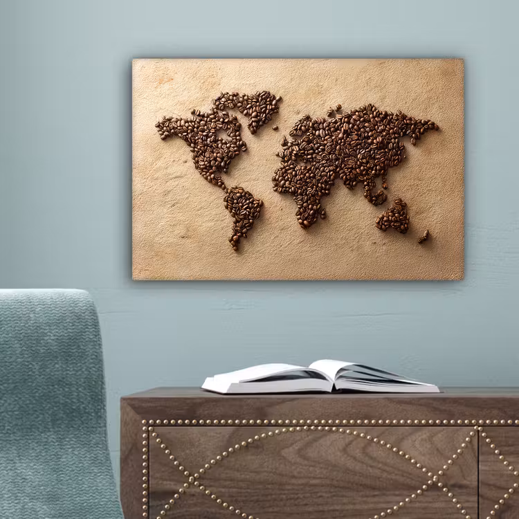 Wereldkaart - Zandkleur - Koffiebonen canvas 2cm klein -sfeer4