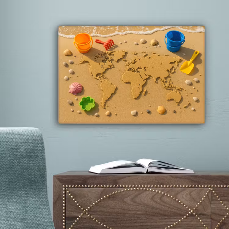 Wereldkaart - Zand - Kleurrijk - Zomer canvas 2cm klein -sfeer4
