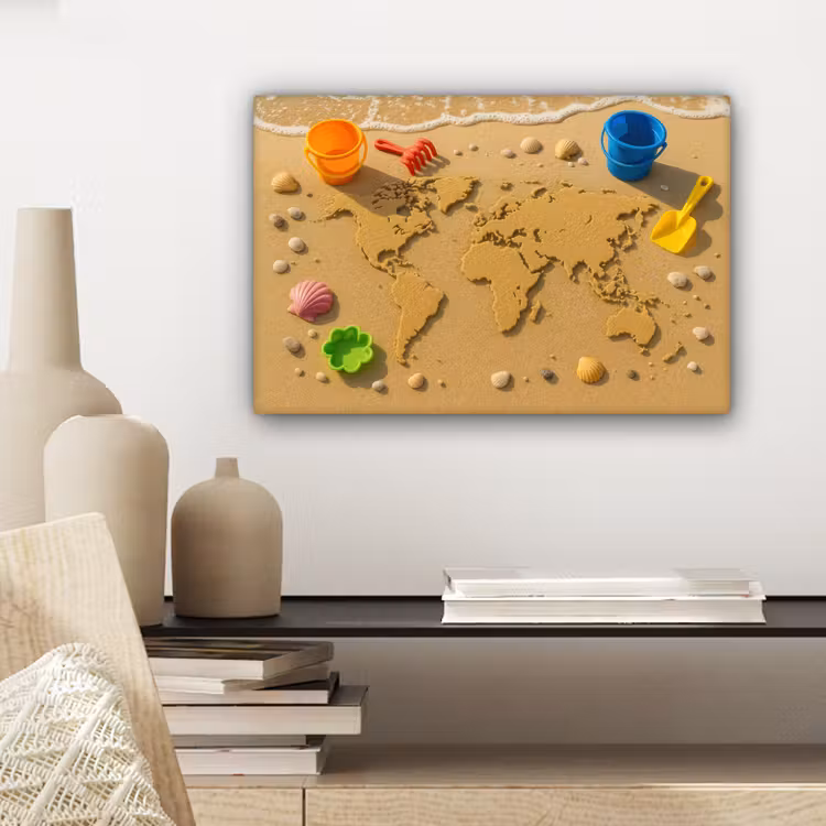 Wereldkaart - Zand - Kleurrijk - Zomer canvas 2cm klein -sfeer6