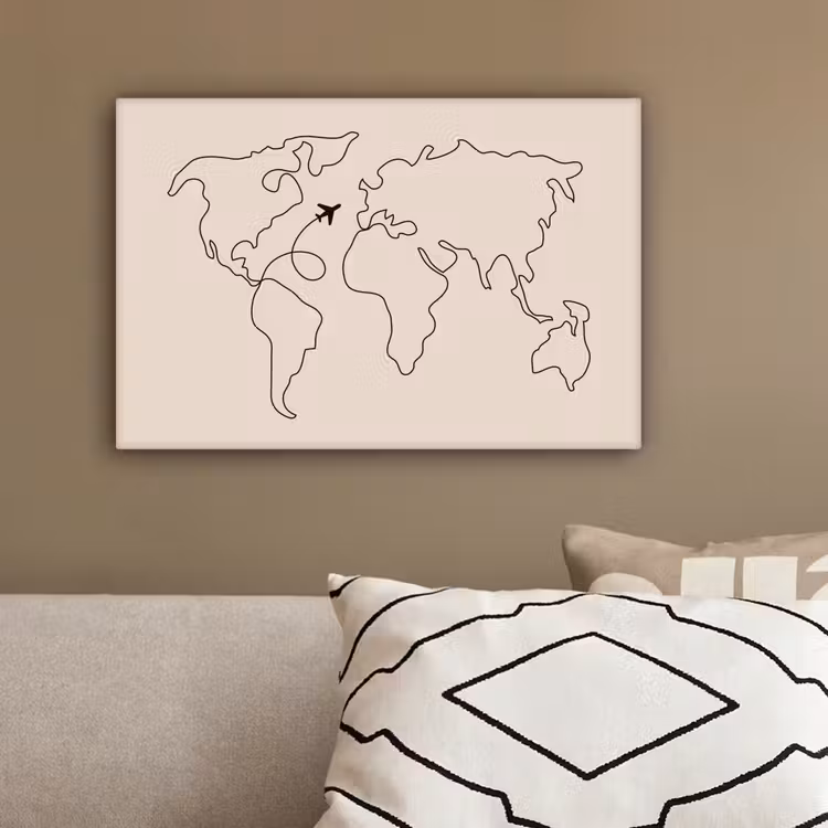 Wereldkaart - Simpel - Vliegtuig canvas 2cm klein -sfeer3