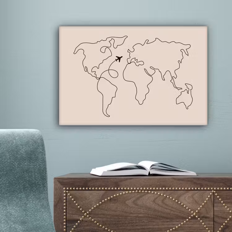 Wereldkaart - Simpel - Vliegtuig canvas 2cm klein -sfeer4