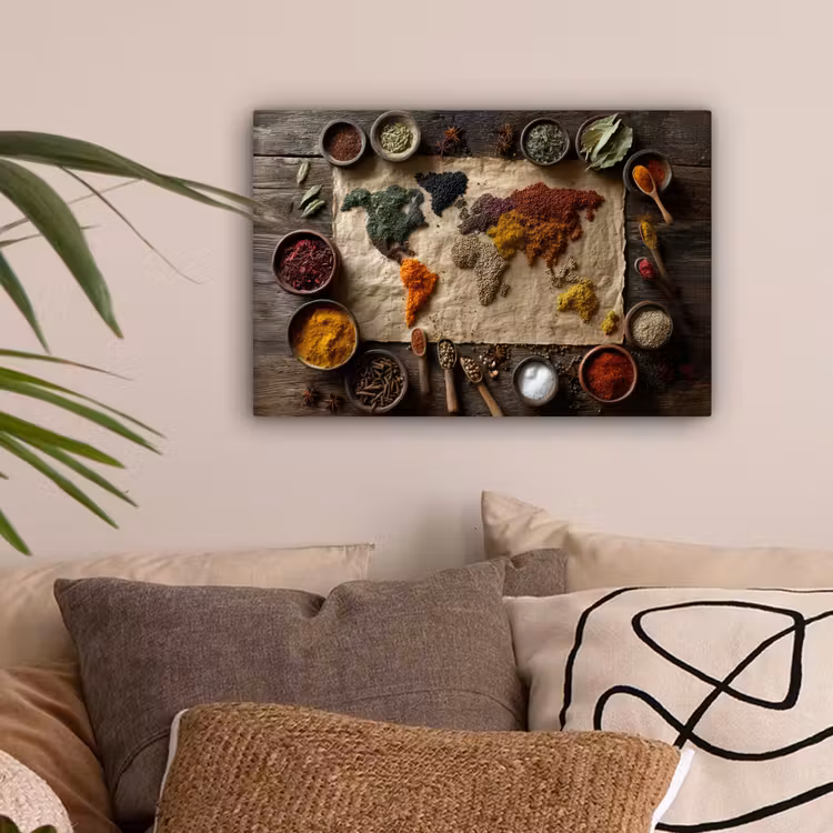 Wereldkaart - Specerijen - Kleurrijk canvas 2cm klein -sfeer1