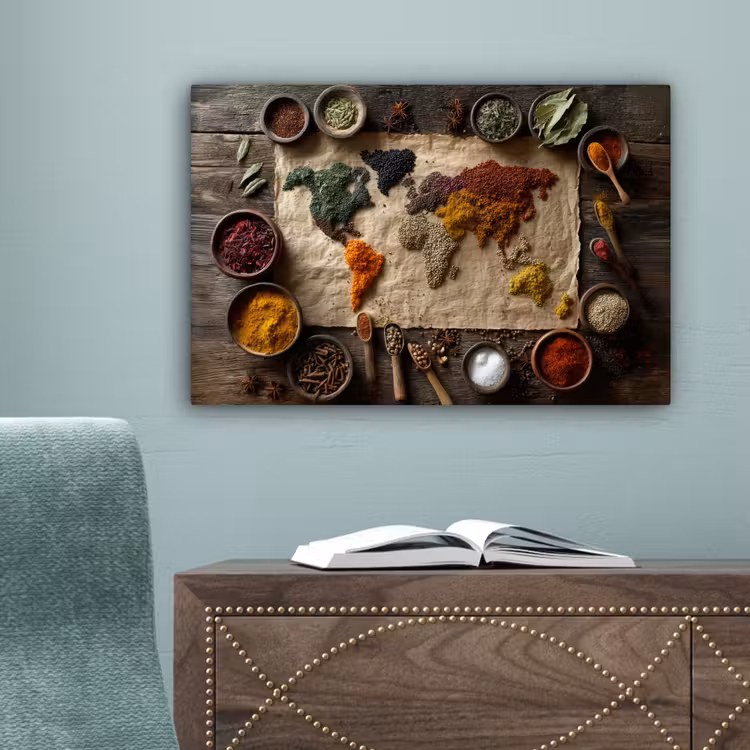 Wereldkaart - Specerijen - Kleurrijk canvas 2cm klein -sfeer4