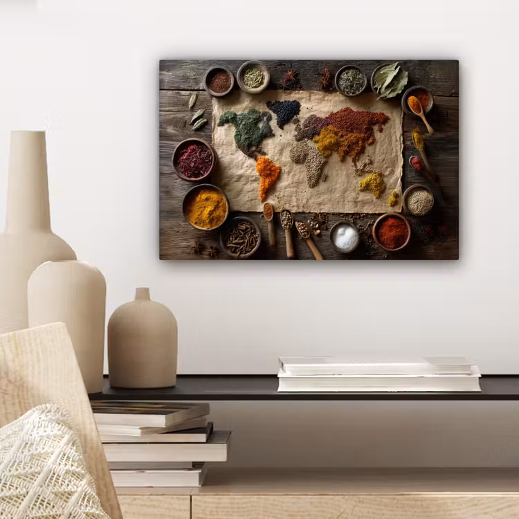 Wereldkaart - Specerijen - Kleurrijk canvas 2cm klein -sfeer6
