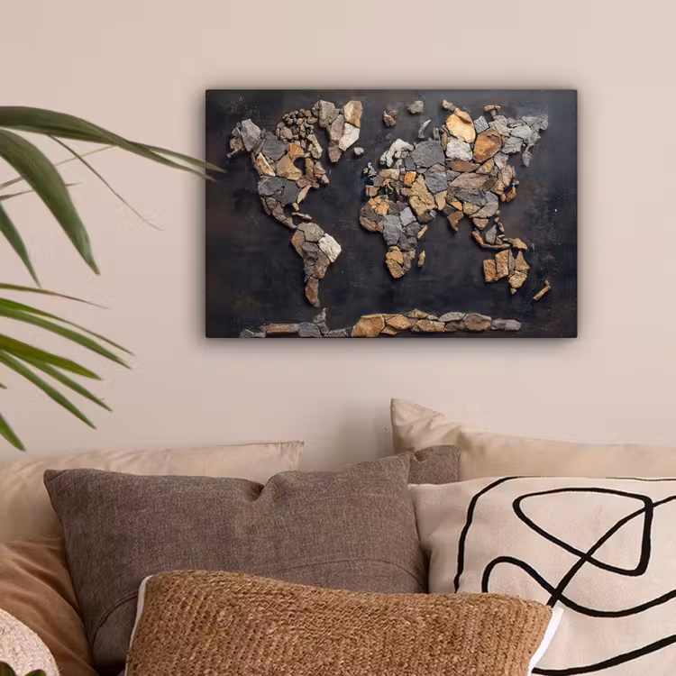 Wereldkaart - Stenen - Realistisch canvas 2cm klein -sfeer1