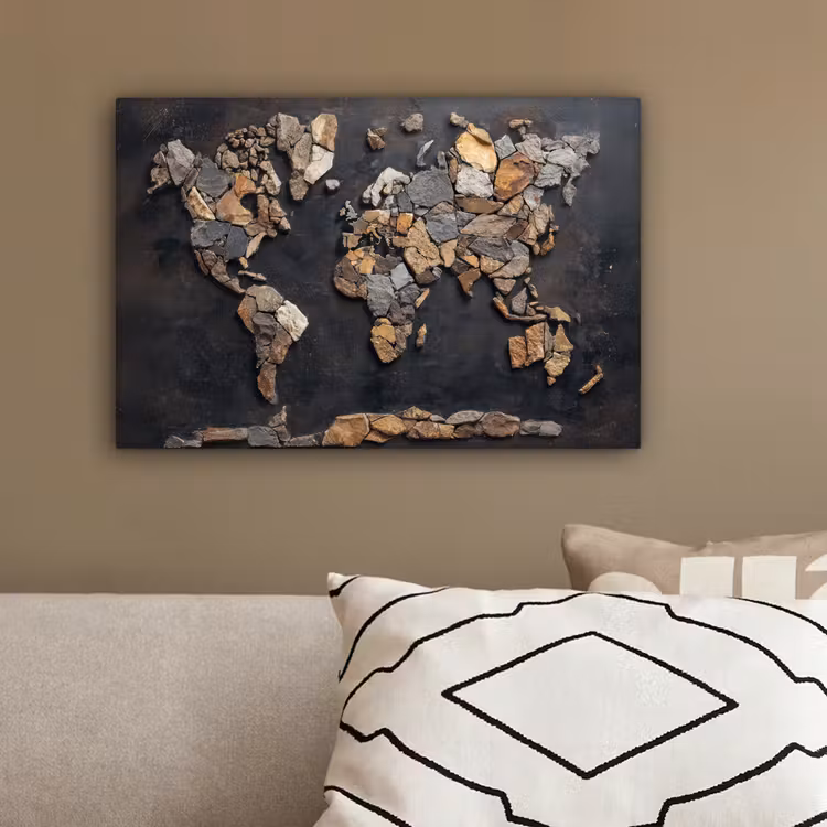 Wereldkaart - Stenen - Realistisch canvas 2cm klein -sfeer3