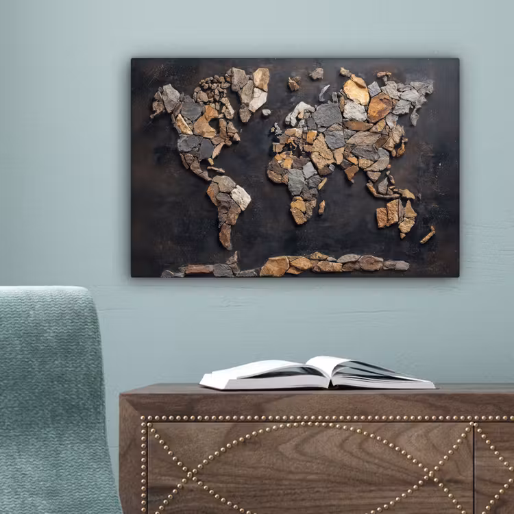 Wereldkaart - Stenen - Realistisch canvas 2cm klein -sfeer4
