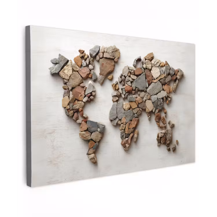 Wereldkaart - Stenen - Wit canvas 2cm klein -z3d