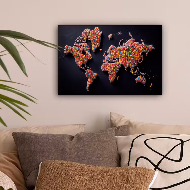Wereldkaart - Snoepjes - Felle kleuren canvas 2cm klein -sfeer1