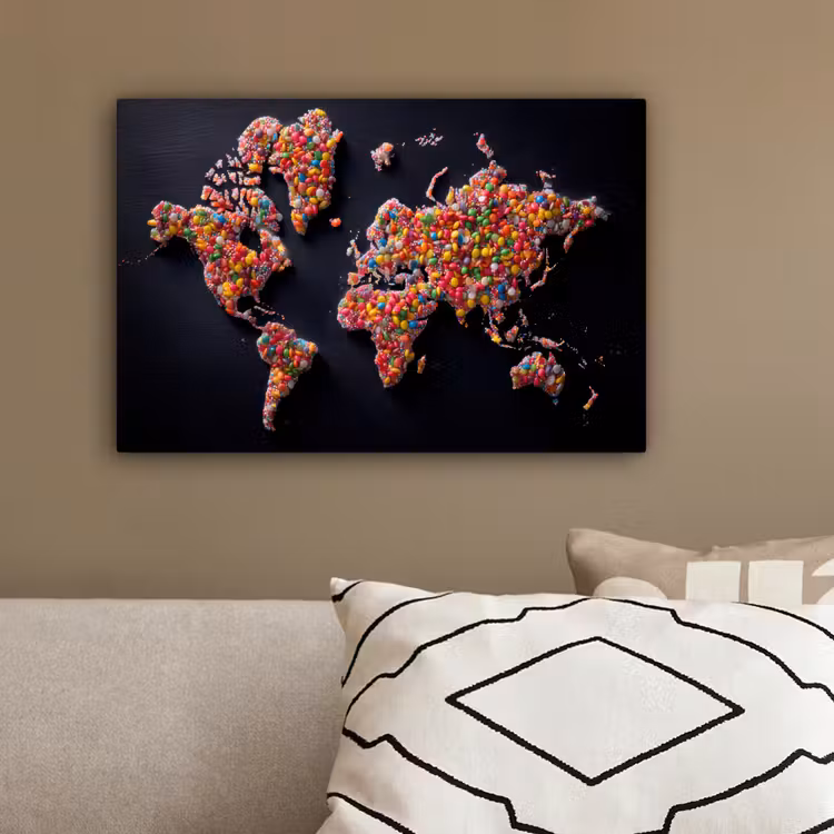 Wereldkaart - Snoepjes - Felle kleuren canvas 2cm klein -sfeer3