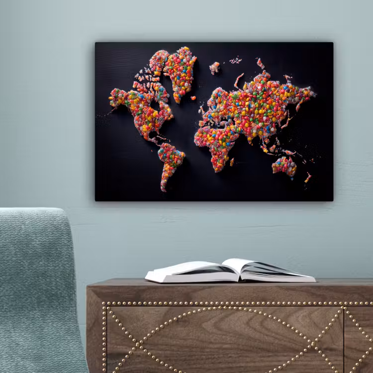 Wereldkaart - Snoepjes - Felle kleuren canvas 2cm klein -sfeer4