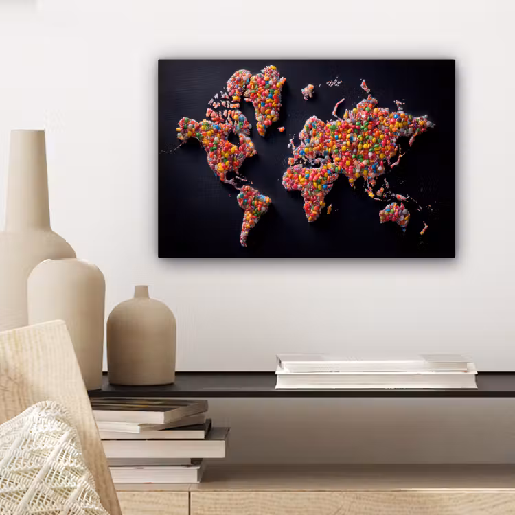 Wereldkaart - Snoepjes - Felle kleuren canvas 2cm klein -sfeer6
