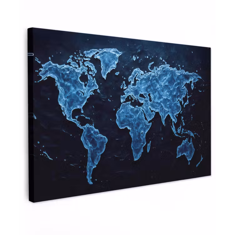 Wereldkaart - Waterstructuur - Blauw canvas 2cm klein -z3d