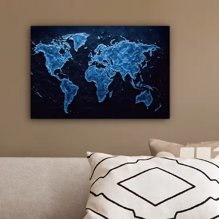 Wereldkaart - Waterstructuur - Blauw canvas 2cm klein -sfeer3
