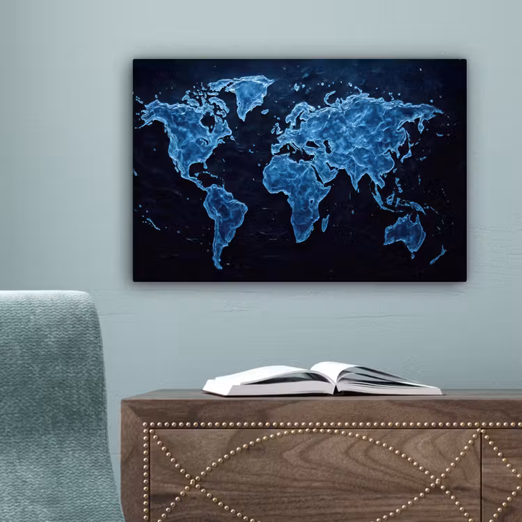 Wereldkaart - Waterstructuur - Blauw canvas 2cm klein -sfeer4