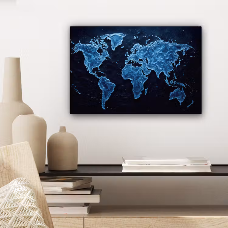 Wereldkaart - Waterstructuur - Blauw canvas 2cm klein -sfeer6