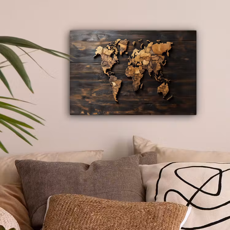 Wereldkaart - Hout - Mozaïek canvas 2cm klein -sfeer1
