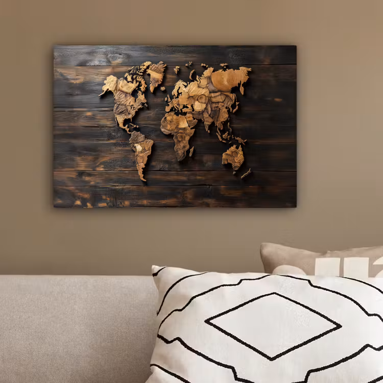 Wereldkaart - Hout - Mozaïek canvas 2cm klein -sfeer3