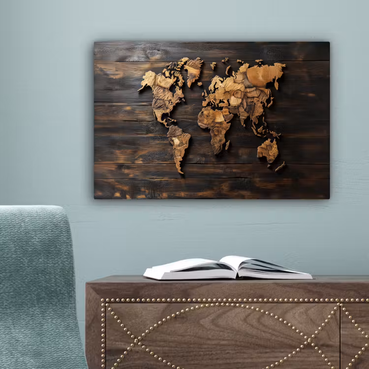 Wereldkaart - Hout - Mozaïek canvas 2cm klein -sfeer4