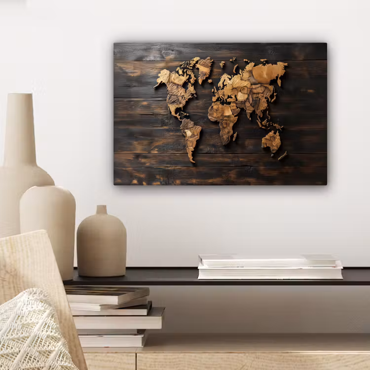 Wereldkaart - Hout - Mozaïek canvas 2cm klein -sfeer6