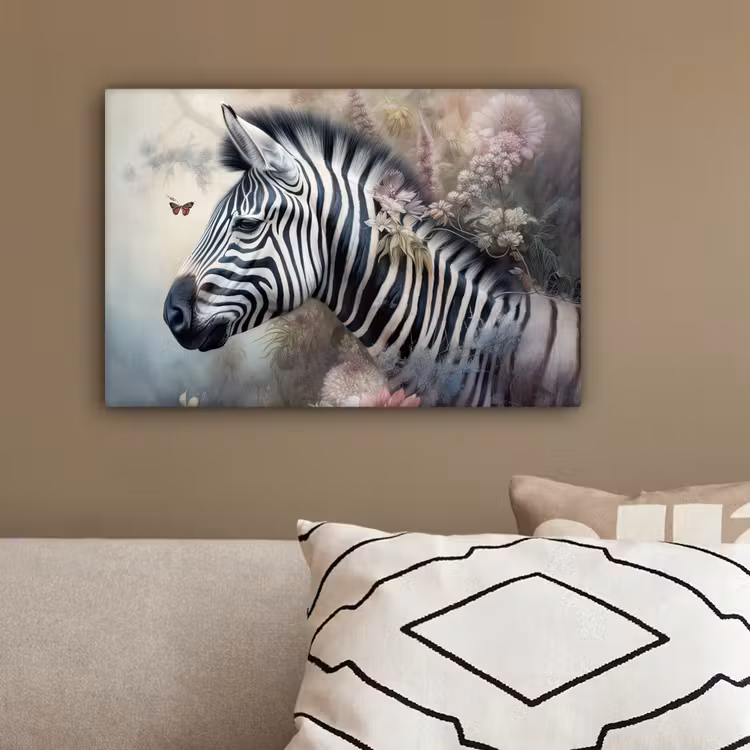 Zebra - Wilde dieren - Vlinder - Bloemen canvas 2cm klein -sfeer3