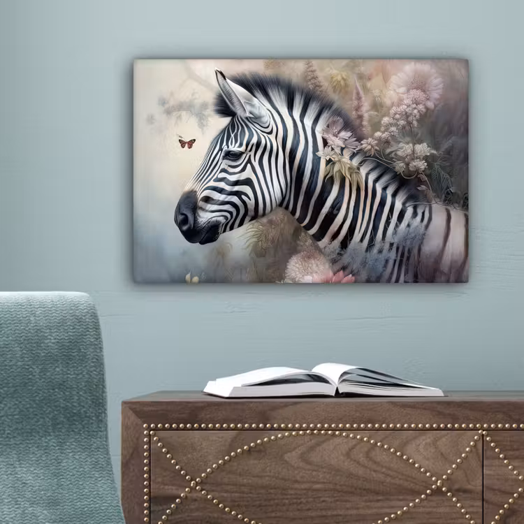 Zebra - Wilde dieren - Vlinder - Bloemen canvas 2cm klein -sfeer4