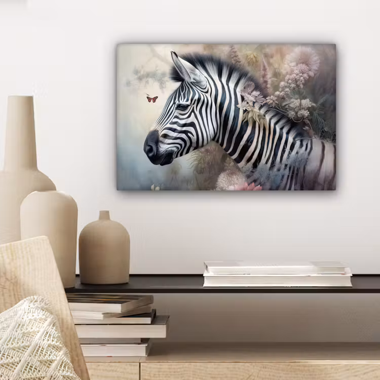 Zebra - Wilde dieren - Vlinder - Bloemen canvas 2cm klein -sfeer6